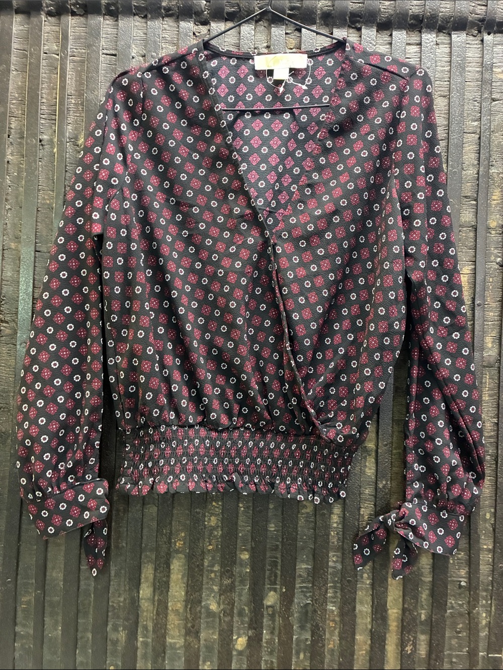 Michael Kors Black Long-Sleeve Wrap Top with Pink Geometric Print